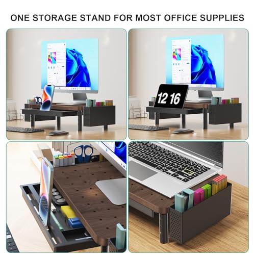 Image of WALI Plastic Computer Monitor Stand with Storage, Desk Organizer with Drawer and Pen Holder, Desk Monitor Riser 3 Height Adjustable, Laptop Riser for Computer, Laptop, Printer(PTT003-C), 1 Pack, Brown