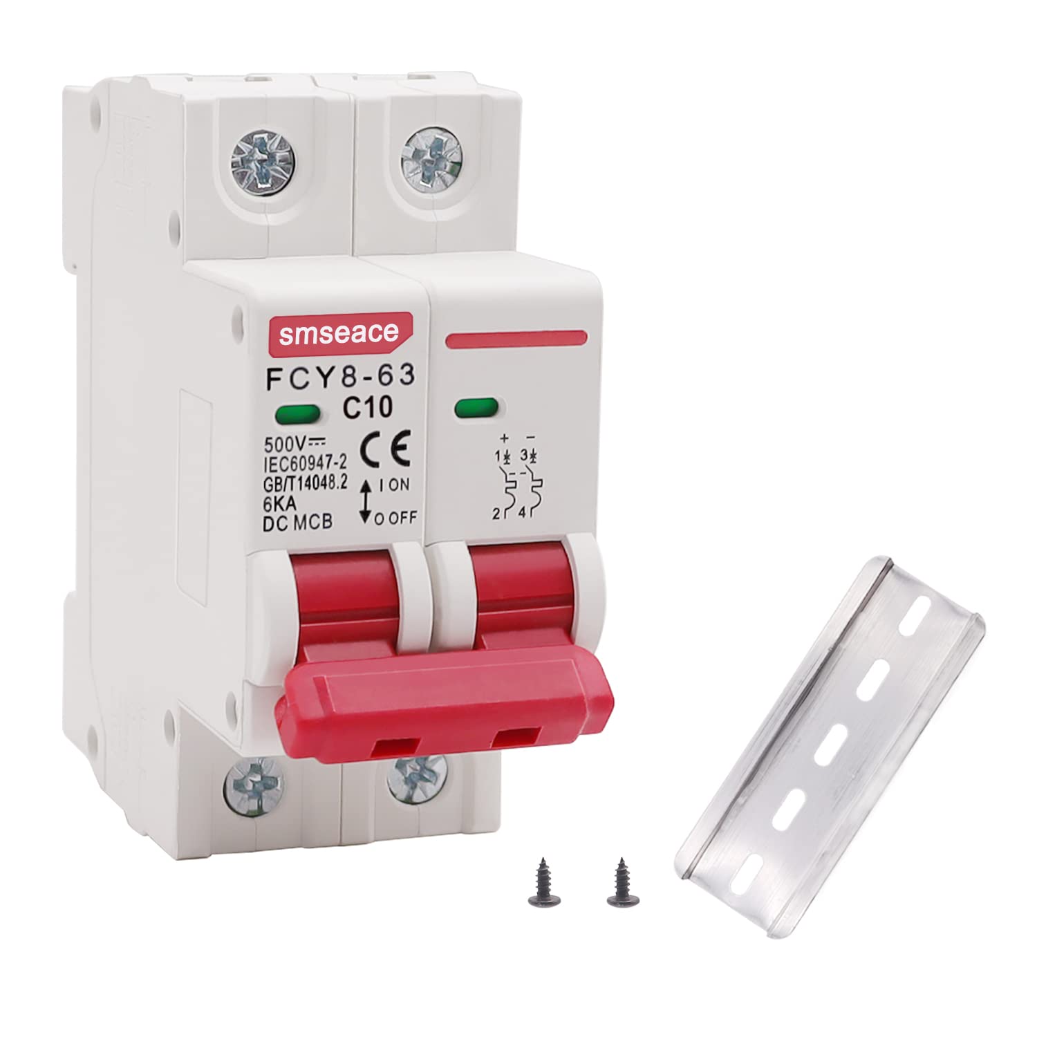 smseace Low-Voltage DC Miniature Circuit Breaker, 10A 2P 500V DIN