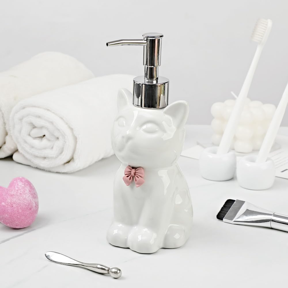 Cute Cat Ceramic Soap Dispenser Designed with Pink Bowa(White) image 2