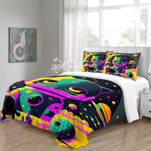 Housses de couettes IOFEER chat espace anti-plis King 220x240cm