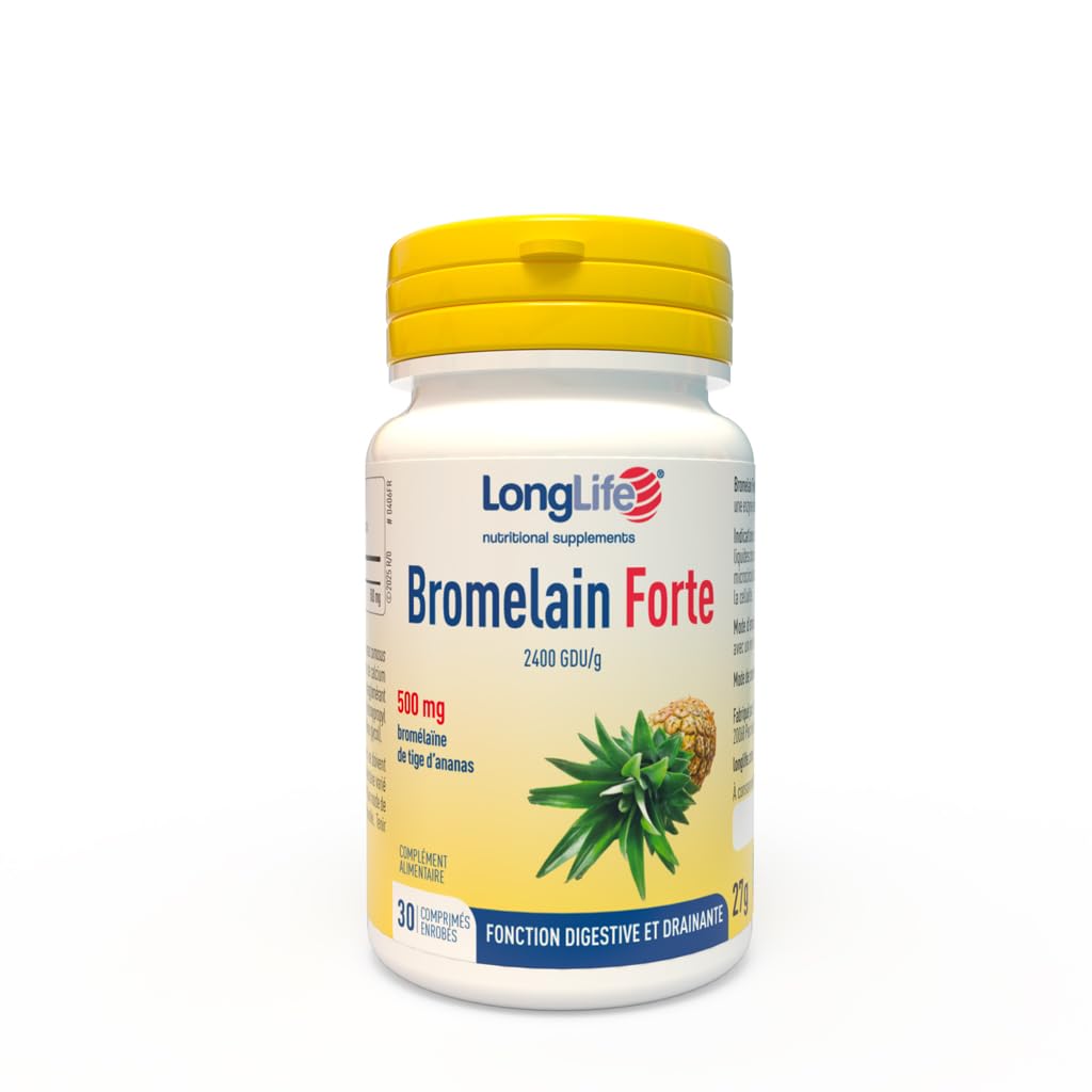 LongLife® Bromelain Forte | Haute concentration 2400 GDU/g | Bromélaïne issue de la tige d’ananas | Drainage jambes et digestion | Haute teneur en enzymes | 30 comprimés enrobés | Sans gluten et végan