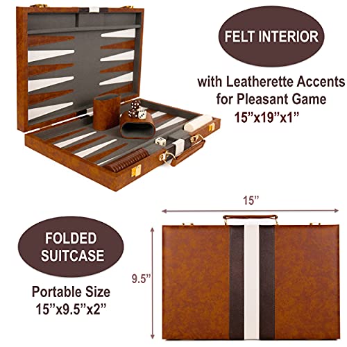 Backgammon Set - 15 Inch Classic Backgammon Board Game Sets Handheld - Backgammon Sets For Adults And Kids - Brown Faux Leather Case - Instruction #TOP3