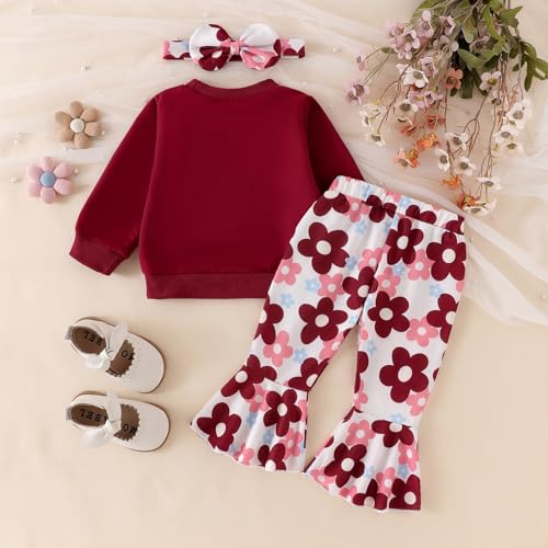 Image of Baby Girl Clothes Fall Winter Long Sleeve Bear Cartoon Sweatshirt Flare Pants Bow Headband Set 6 Months-4 Years Old