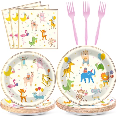 Image of Qyeahkj 100PCS Party Animal Plates and Napkins Party Supplies Happy Birthday Parade Tableware Set Faint Yellow Birthday Decorations Favor Dinner Plates for Animal Party Celebrations Serves 25