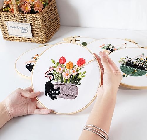 Image of GLTAYLMY 3pcs Embroidery Kit for Beginners DIY Adult Beginner Embroidery Kits with Cat Pattern 1 Embroidery Hoops Needles Threads and Instructions