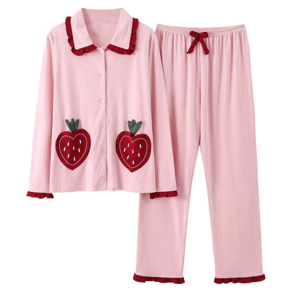 Conjunto De Pijamas De Mujer,Conjunto De Pijamas De Fresa Dulce Ropa De Dormir De Manga Larga De Algodón Top Con Botones Y Pantalones Pjs Cozy & Ropa De Dormir Suave Para El Otoño Invierno,Rosa,M