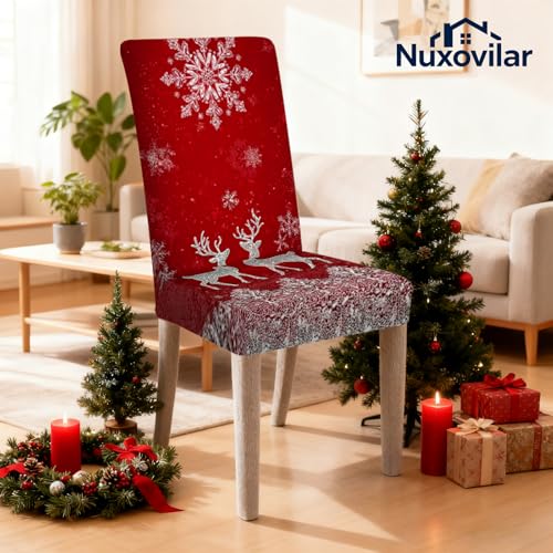 Image of Nuxovilar 6PCS Deer Snowflake Red Stretch Chair Covers 23.6x70in | Holiday Slipcover Festive Protector Snowflake Wrap Seat Guard Dining Room Family Dinner Gathering (Snowy Deer)