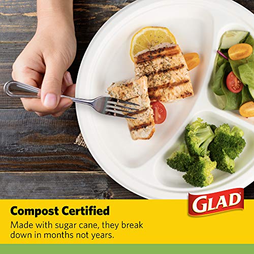 Glad Compostable Compartment Plates | Divided Plates, 20 Count | Sugarcane Plates, Microwavable And Freezer Safe, Leak & Cut-Resistant Disposable Plates| Paper Plates 10 Inch, Divided Paper Plates #TOP3