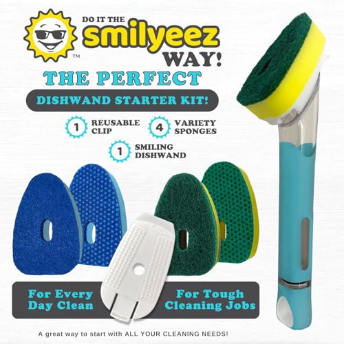 Image of The Original Smiling Handle with Soap Dispensing for the Smiling Sponge with Smilyeez Caddy, Dishwand with Sponges, and 2 Scrub Mojis (Black)