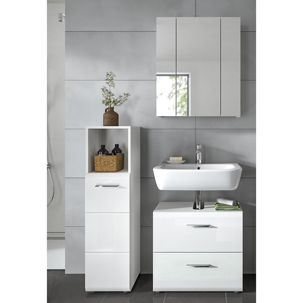 Lomadox Badezimmer Badmöbel-Set 3-teilig in weiß mit weiß Hochglanz, mit 1 Midischrank, 1 Spiegelschrank mit 3D-Funktion & 1 Waschbeckenschrank