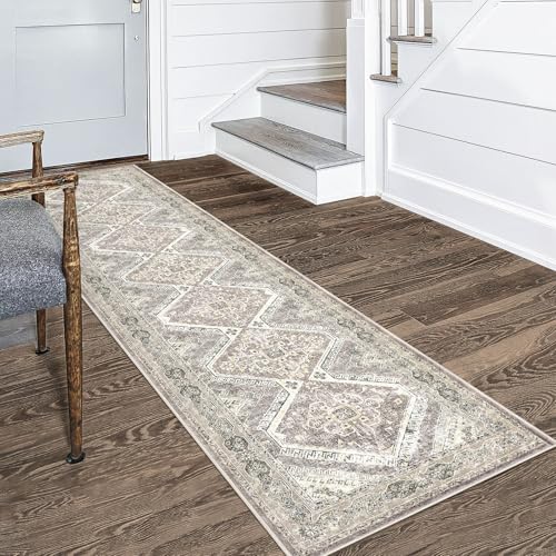 KUTA Oriental Kitchen Runner Rug, 2x8 Vintage Washable Hallway Rugs Ivory Grey Yellow Non-Slip Ultra Soft Printed Distressed Tribal Boho Floor Carpet Runners for Bedroom Living Room Nursery