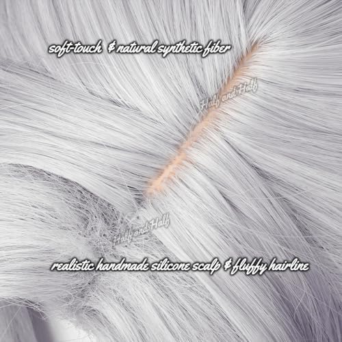 Image of Half and Half Long Silver White Anime Vam-pire Ponytail Wig with Side Part Bangs for Ferid Cospaly Light Gray White Male Wigs for Men Women Halloween Party