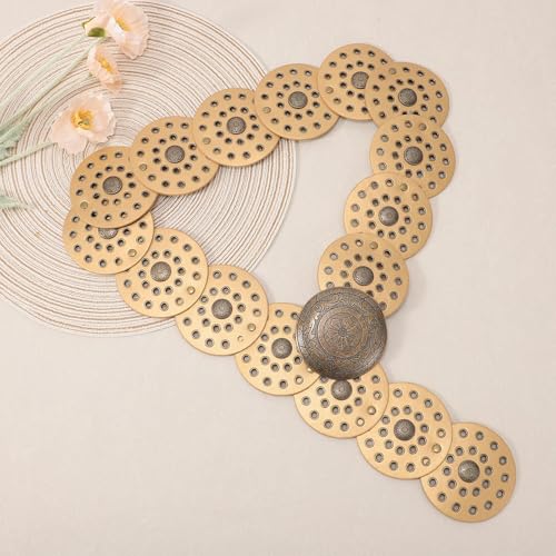 Image of WERFORU Women Wide Western Disc Belt Cowgirl Boho Leather Belt for Jeans Dress