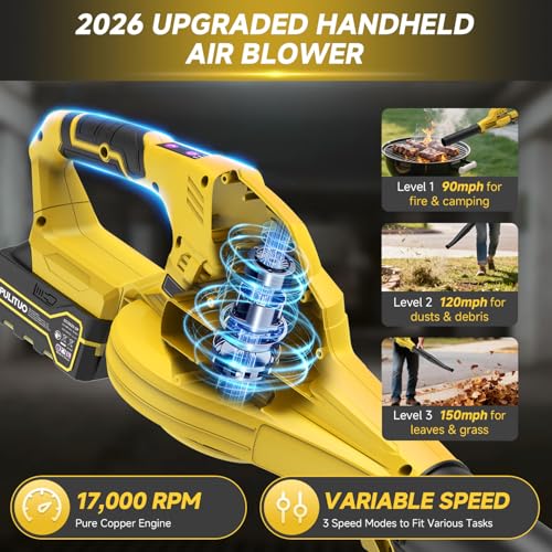 Leaf Blower Cordless with 2X 4.0Ah Batteries and Charger, 150MPH Lightweight Cordless Blower, 3 Speeds Small Battery Operated Leaf Blowers for Lawn Care, Patio, Yard, Leaves, Grass, Dust (Yellow) — view 4