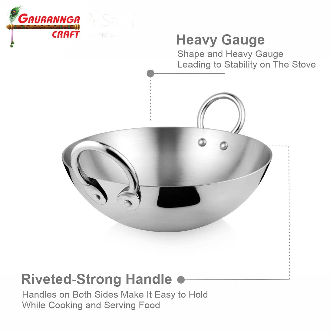 GAURANNGA CRAFT Aluminium Heavy Base Round Bottom Kadai with Handle for Kitchen Deep Frying pan Karahi Cookware Cooking Kadhai (1.5 Liter)