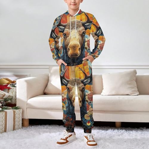 Boys Girls Clothes Hoodies Sweatshirt Pants Set 2 Pieces Fall Winter Outfits, Moose Patterns Art3