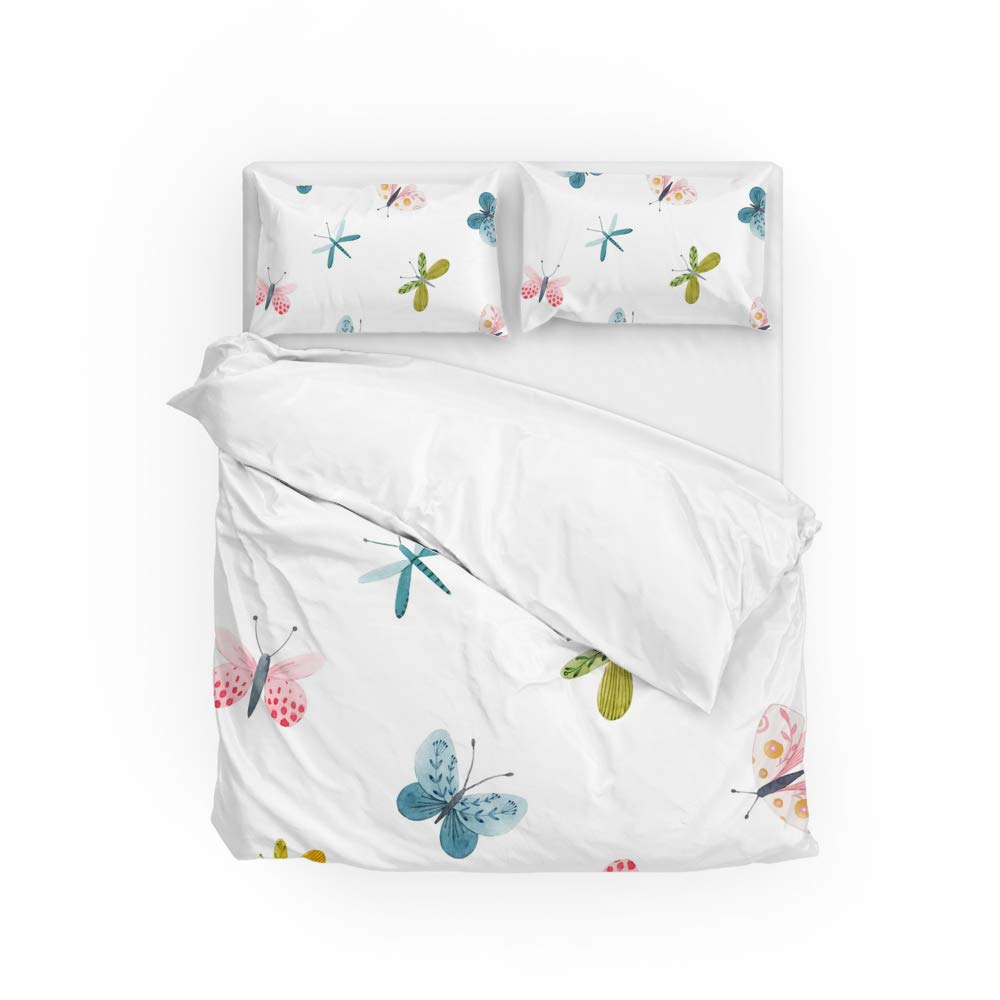 Parure de lit housse de couette et taie papillons bleu rose en polyester ultra doux CHEHONG