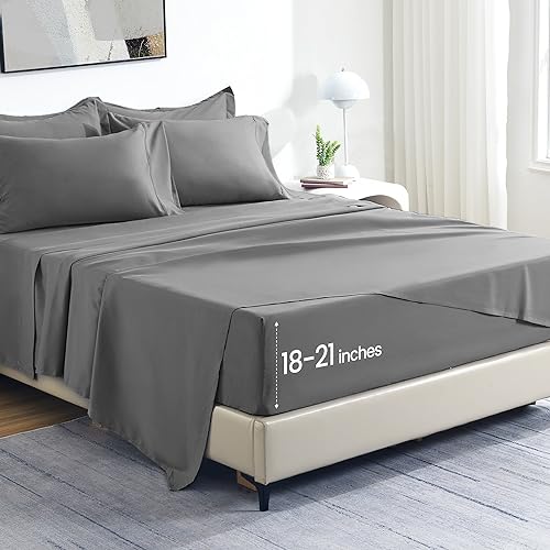 SLEEP ZONE Extra Deep Pocket King Sheet Set 4 Piece - Super Soft Brushed Microfiber Bedding Sheets Set Fits Deep Mattress Upto 21 inches (Grey, King)