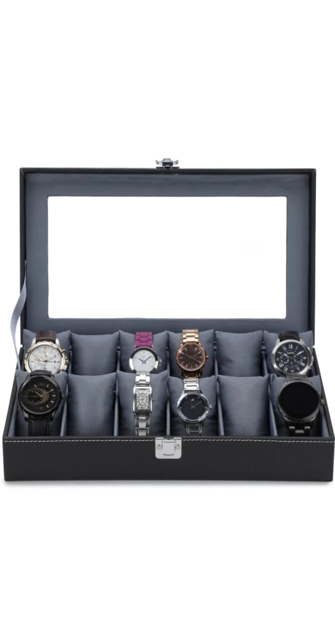 RBEEL Glass Top 12 Watch Black Leather Box Case Display Organizer Storage Tray for Men & Women (Black&Gray) (B0D1822FHR) Amazon Price History, Amazon Price Tracker