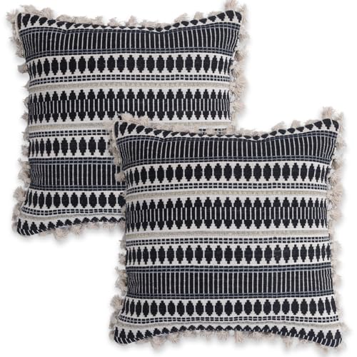 Image of HOKIPO 'Artisan Boho Series' 450 GSM Cushion Cover with Tassels | Cotton Acrylic Jacquard | 16x16 Inch (40x40 cm) | Pack of 2, Charcoal Black (IN-905-A3*2)