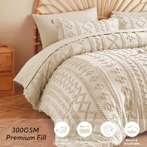 Image of MR&HM Full Size Bed Sheets and Comforter Set Beige, 7 Pieces Tufted Boho Beddding Sets, Farmhouse Style Bed in a Bag with 1 Comforter, 2 Pillow Shams, 2 Pillowcases, 1 Flat Sheet, 1 Fitted Sheet