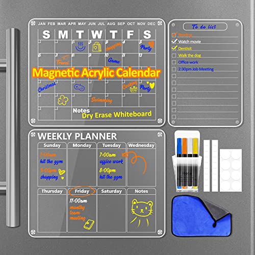 Loiion Fridge Calendar, 3 Set Magnetic Acrylic Calendar For Fridge, Clear Dry Erase Whiteboard Calendar For Refrigerator, Reusable Planner Monthly Weekly Calendar Includes 4 Markers 4 Colors #TOP5