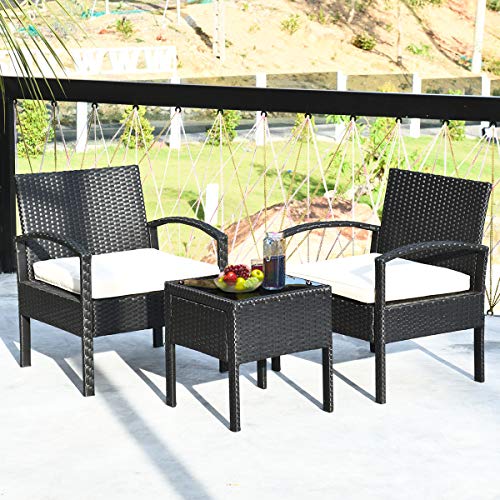 Tangkula 3 Piece Patio Conversation Set, Outdoor Rattan Sofa Set With White Seat Cushions & Coffee Table, Patio Wicker Furniture Set For Garden Balcony Backyard Poolside (Black) #TOP3