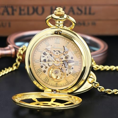 Image of Men's Mechanical Pocket Watch Black Rudder Pattern Double Open Hollow Roman Numerals Pocket Watch