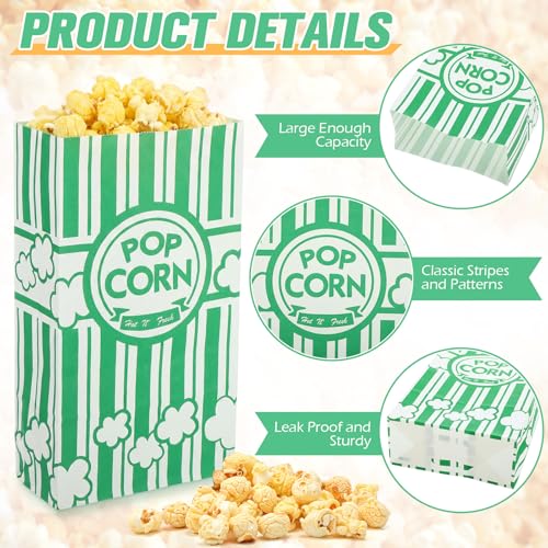 Image of Leinuosen Paper Popcorn Bags Bulk 2 oz Large Flat Bottom Boxes Disposable Container Sleeve Movie Night Popcorn Bucket for Retro Movie Themed Party Carnival Supplies (Green,200 Pcs)