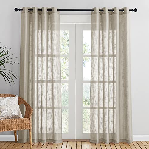 PONY DANCE Double Rideaux Voilage - Rideaux Voile en Lin avec Motif de Croix Décoration de Maison Lumière Filtrer Romantique Elégant Souple Demi Transparent, L 132 x H 210 cm(52'x84'), Taupe, 2 Pièces