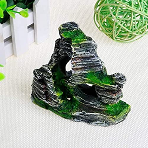 KewMayer 1 x Aquarium Rock Cave Decoration with Green Grass for Fish Shrimp Hiding Mountain View Moss Tree House Stone Natural Look Rock Cave for Fish Shrimp Hiding Aquarium Decoration - Image 2