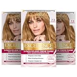 L'Oréal Paris Permanente Haarfarbe, 100% Grauhaarabdeckung, Haarfärbeset mit Coloration, Shampoo und 3-Fach Pflege Creme Farbe, Excellence Creme, 7.3 Haselnussblond, 3 x 268 g