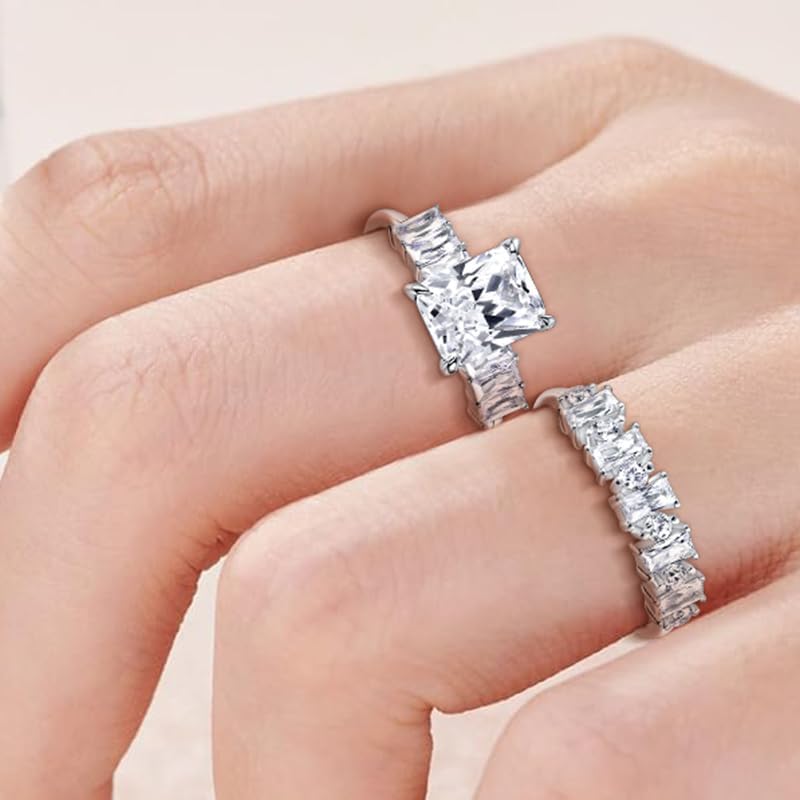 VOLUKA Solid 925 Silver CZ Promise Ring Set White Gold Plated Cubic Zirconia Wedding Engagement Ring For Women Trendy Rectangular Cut Ring - Image 5