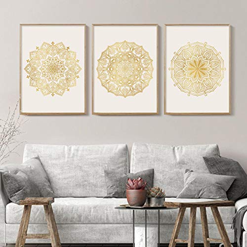 Toile zen yoga pour salon, affiche mandala floral or moderne 3 pièces