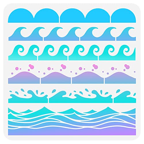 FINGERINSPIRE Sea Waves Stencil 30x30cm Scallop Edge Painting Stencil Plastic 6 Styles Wave & Scallop Border Pattern Stencils Reusable Stencils for Painting on Wood Floor Wall Fabric Home Decor