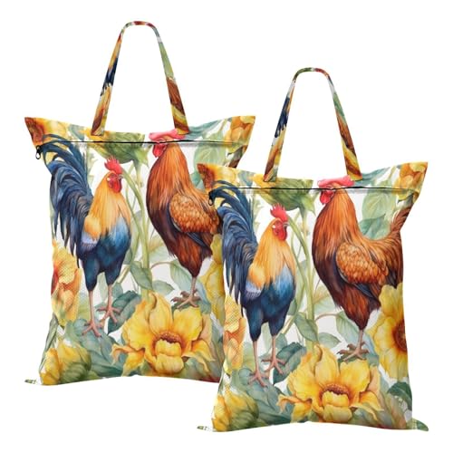 Image of Bulletgxll Sunflowers and Chicken Travel Laundry Bag 2 Pack Large Washable Wet Dry Dirty Clothes Bag with Handles for Workout, Gym, Camping