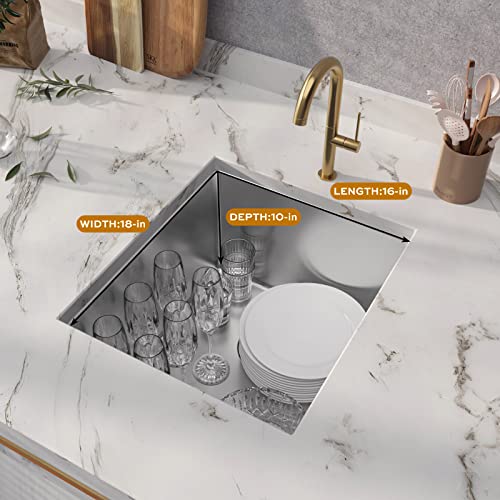 Tecasa 16 X 18 Inch Wet Bar Prep Sink, Single Bowl Undermount Prep Sink 16 Gauge Stainless Steel With Accessories Sink Grid, Sink Strainer #TOP3
