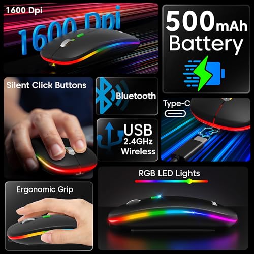 Image of Sounce Astralis Dual Mode Wireless Mouse - Bluetooth & 2.4GHz, 800 /1200 /1600 DPI, Silent Click, 500mAh Rechargeable Battery, Ergonomic Design with Metal Scroll Wheel for Laptop & PC (Black)
