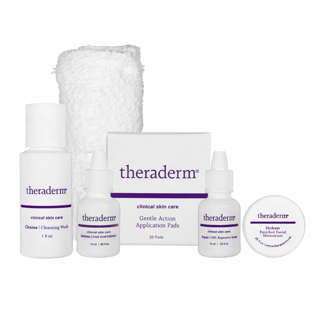 Theraderm Skin Renewal Travel System with Enriched Moisturizer – TSA-Friendly 4-Step Skincare Kit with Lactic Acid Exfoliant, Antioxidant Serum & Lanolin Moisturizer for Dry & Mature Skin