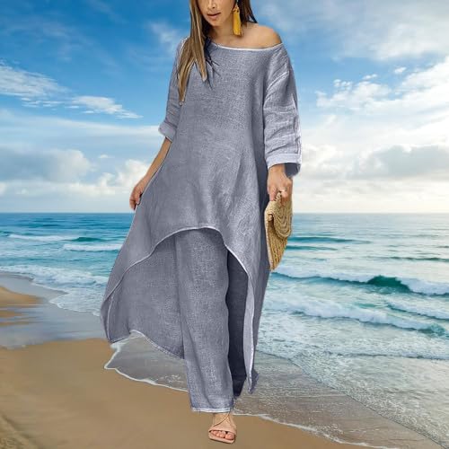 Women Linen Sets for Women Dressy Casual 2 Piece Pantsuits 2024 Crewneck Long Sleeve Wide Leg Pants Fashion Outfits4