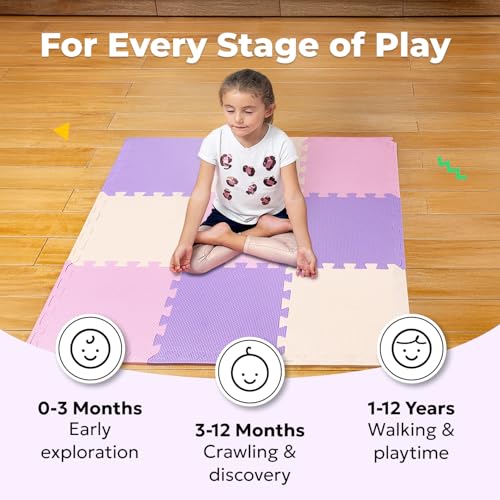 Image of MioTetto Soft Non-Toxic Baby Play Mat | Colourful Puzzle Play Mat | Foam Floor Mats with 16+2 Bonus Squares for Kids | Interlocking EVA Foam Tiles, Pink Purple Beige, 16