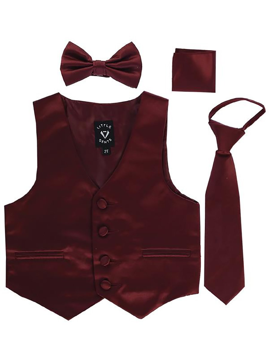 Burgundy Big Boys 4-Piece Formal Satin Vest Set Zipper Tie Bowtie Hanky 10, burgundy, 10