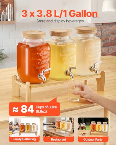 Image of VEVOR Beverage Dispenser, 3 Pack 1 Gallon Drink Dispensers for Parties, Glass Juice Dispenser with Wood Stand, Stainless Steel Spigot, Infuser, Iced Tea Lemonade Juice Water Dispensers for Parties