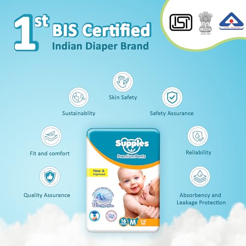 Image of Amazon Brand - Supples Premium Baby Diaper Pants | 16 Baby Diapers | Medium | 7-12 Kg | 12 Hrs Absorption | Cushiony Cotton Soft Fabric | Phthalates-Free | Triple Leak Guard