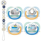 Philips Avent Ultra AIR Schnuller 4er Set + 1 x Heimess Holz Schnullerkette Perlen hellblau, passt für alle gängigen Schnuller, made in Germany