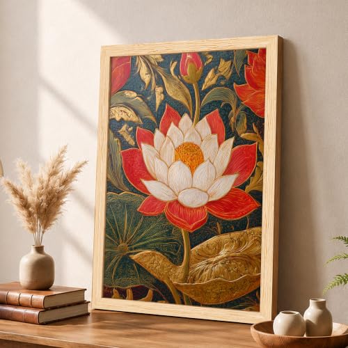 Image of PAINTINGMANTRA Traditional Indian Textured Embossed Lotus Framed Wall Art Painting for wall decoration, Red & Gold Blooming Lotus Motifs Poster with frame for living room, bedroom, Home and office, 10x13 Inch