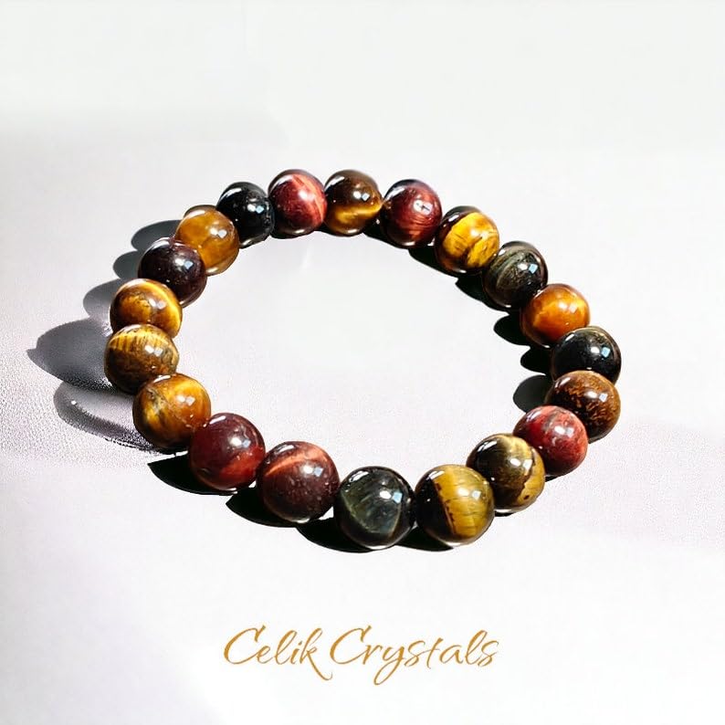 LKBEADS Naturalne tygrysie oko 8 mm | Okrągły kamień o gładkiej talii | Wielokolorowy kamień | Elastyczna bransoletka | Bransoletka uzdrawiająca | Ręcznie robiona biżuteria | LK_WOSB_00270
