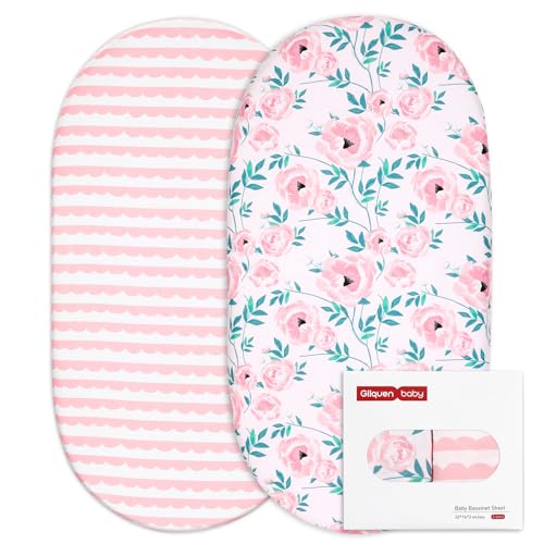 Gllquen Baby Bassinet Sheets Set 2-Pack, Breathable Cozy Bassinet Fitted Sheet Universal Fit Standard Mattress Oval Rectangle Cradle Baby Sheets for Baby Boy Girls Unisex 32"x16" (Pink Flower)