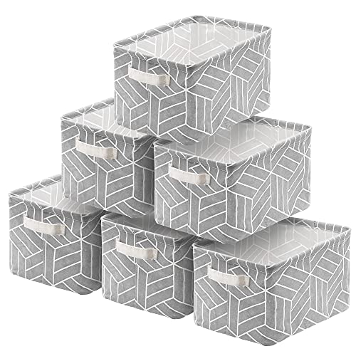 Image of CROWNED 6 Pcs Storage Basket Foldable Cube Fabric Bins Square Mini Box Receive Organizer Rectangle Canvas with Handles for Home Office Books Small 11x8x6.3 inch Grey