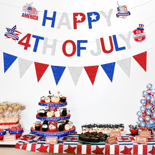 Image of Pre-Strung Happy 4th of July Banner Decorations, Patriotic Happy Fourth of July Blue Red Withe Garland Sign for Independence Day Memorial Day 250 Anniversary Party Celebration Home Office Mantel